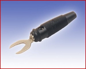 Izolowany wtyk widełkowy z dodatkowym otworem 4mm, Hirschmann KB 2 SW (czarny), Nr. 11  42708